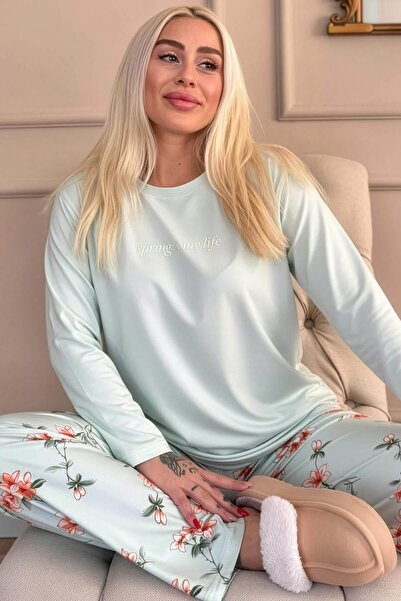 Pijamaevi Mint Spring Is My Life Floral Pattern Long Sleeve Bamboo Knitted Women's Pajama Set