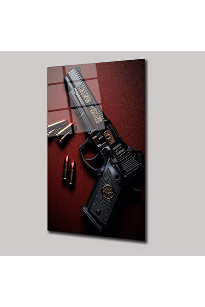 SteelArtDec GOLD İŞLEMELİ TABANCA VE MERMİLER - CAM TABLO - DEG0234