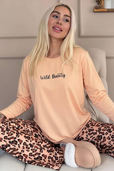 Pijamaevi Caramel Wild Beauty Patterned Long Sleeve Bamboo Knitted Women's Pajama Set