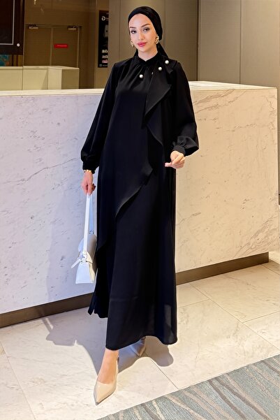 Cerenza Kadın Krep Kumaş Yakası İnci Detaylı Levanur Tesettür Elbise