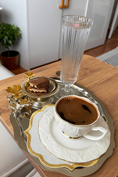 MGEStore 6 Pieces Tray Stainless Steel Oval Model Serving Presentation Tea Coffee Tray with Butterfly Accessories