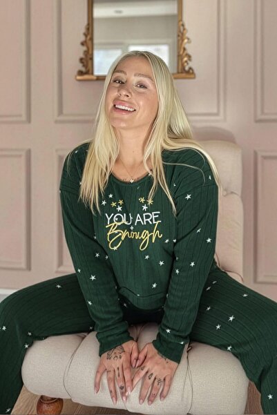 Pijamaevi Green Enough Patterned Kangaroo Pocket Plush Fleece Pajama Set