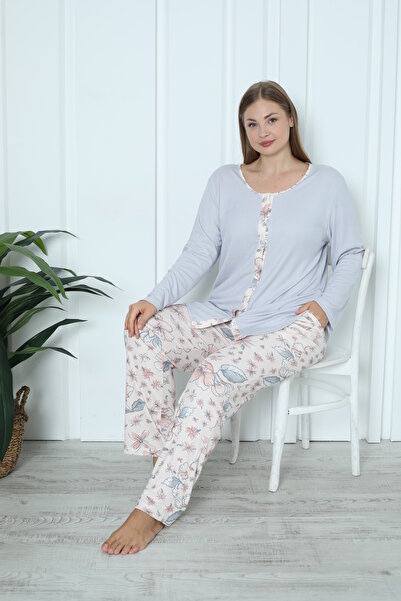 LİMİSSİ Viscose Plus Size Patterned Melisa Blue Pajama Set 100% Cotton