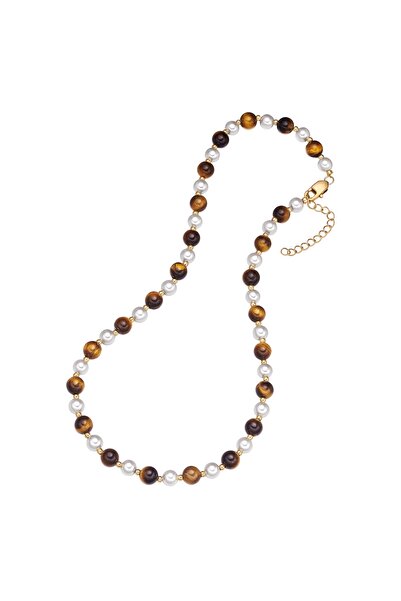 True Rebels Edelstahlhalskette Kette Edelstahl gelbgold Muschelkernperle weiß Tigerauge braun