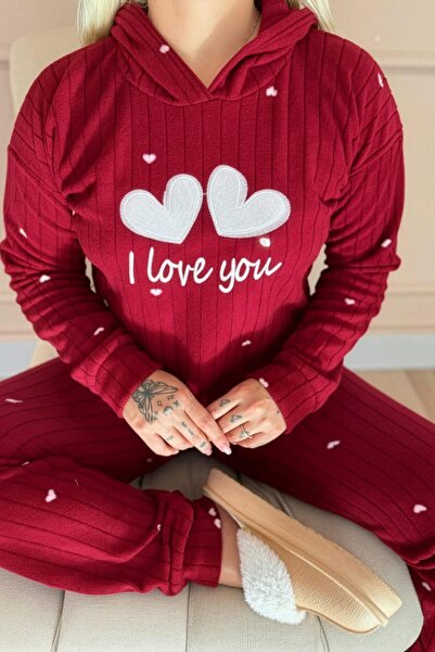 Pijamaevi Red Love You Patterned Hooded Plush Fleece Pajama Set