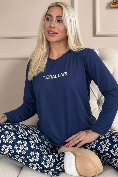 Pijamaevi Navy Blue Floral Days Patterned Long Sleeve Bamboo Knitted Women's Pajama Set