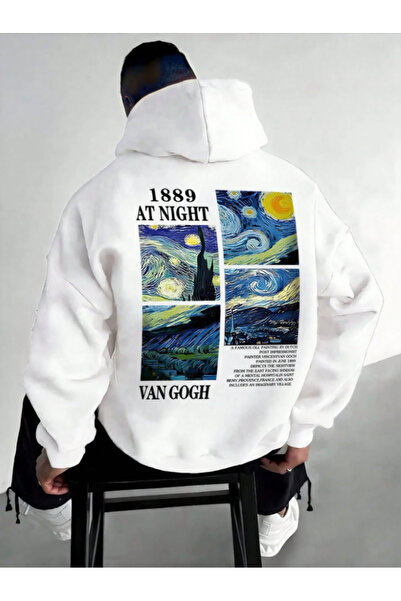 Revasser Unisex Erkek/Kadın VANGOGH Renkli Özel Baskılı Pamuklu Oversize Kapü...