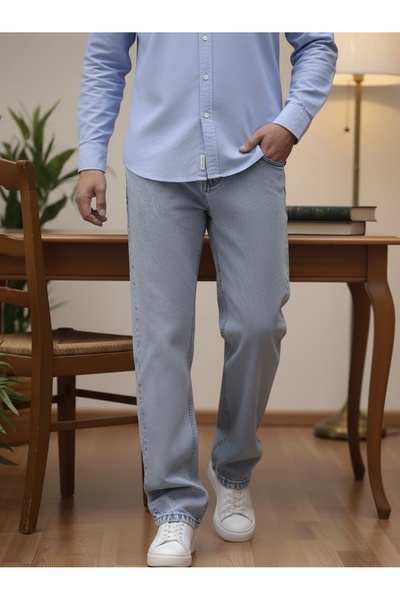 Lyvens Erkek Buz Mavi Baggy Oversize Bol Paça Jean kot Pantolon