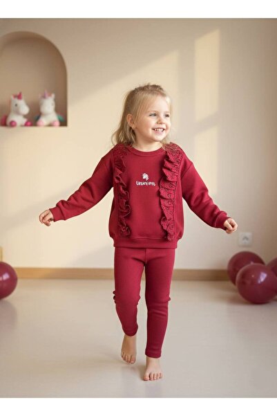 Pinkitokids Pi̇tto Cherry Ruffle Lace Detailed Sweatshirt and Leggings Set