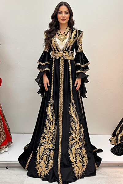 ZK ZÜMRÜT KAFTAN Siyah Altın İşlemeli Bindallı Kaftan Kına Gecesi & Gelin Elbisesi Seti - Taç, Kemer, Kolye Dahil