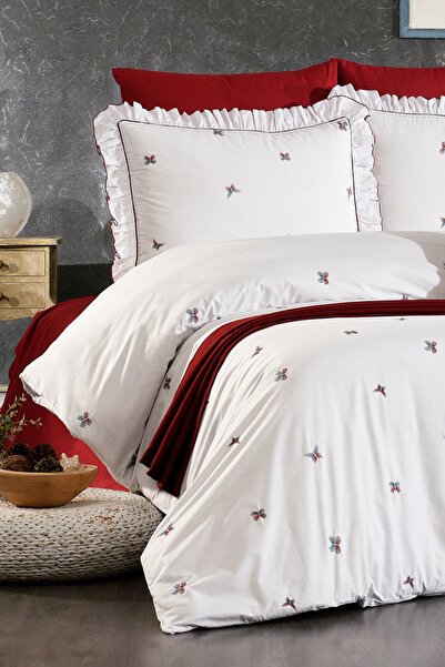 Serebien Home Collection Ophelia 100% Cotton Butterfly Pattern Embroidered, Ruffled, 8-Piece Premium Double Duvet Cover Set