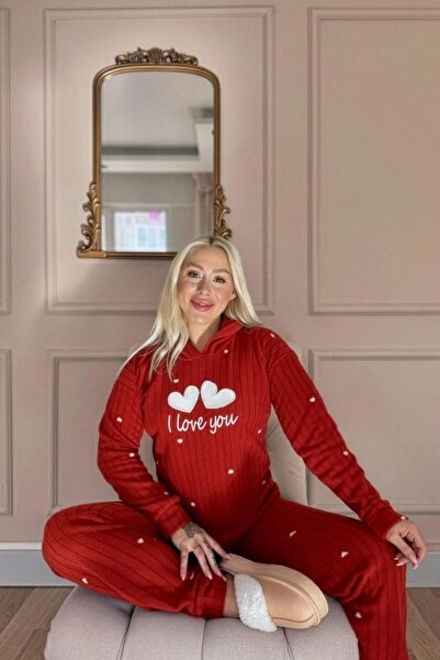 Pijamaevi Red Love You Patterned Hooded Plush Fleece Pajama Set