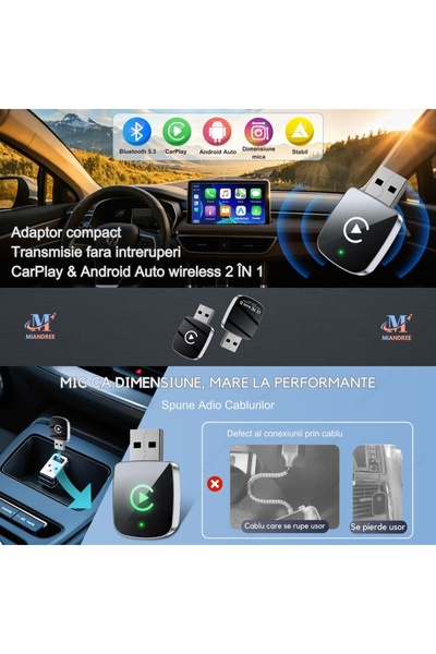 MIANDREE Adaptor Wireless Apple CarPlay & Android Auto MIANDREE®, Plug & Play, Compatibil CarPlay Original