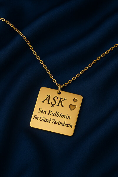 KAR DİAMOND 14 Ayar Altın Zincirli Aşk Yazılı Kalpli Dikdörtgen Plaka Kadın K...