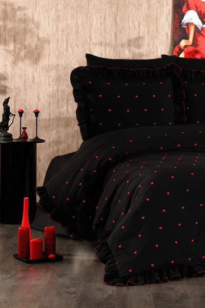 Serebien Home Collection Velora 100% Cotton Heart Pattern Embroidered, Ruffled 6 Piece Double Duvet Cover Set-Heart Duvet Cover