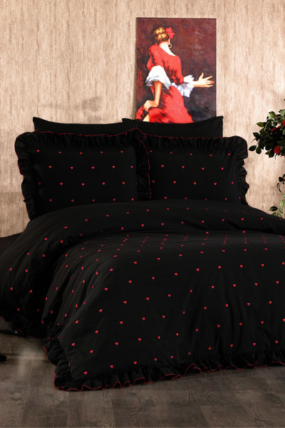 Serebien Home Collection Velora 100% Cotton Heart Pattern Embroidered, Ruffled 6 Piece Double Duvet Cover Set-Heart Duvet Cover