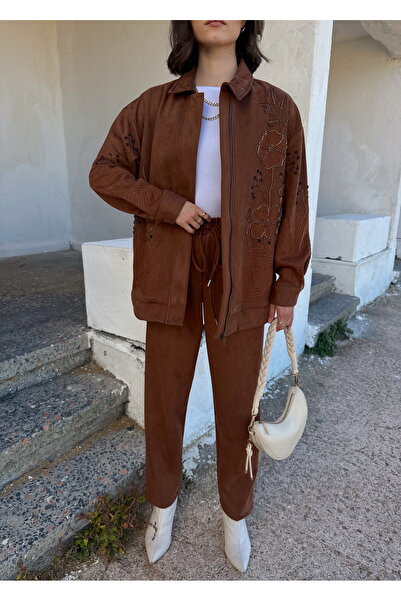 MİA NOURA ЖІНОЧИЙ ПЕРЕД І РУКАВИ З ВИШИВКОЮ БІСЕРОМ, ТКАНИНА СУВЕТ, БАНБІР, КУРТКА, ШТАНИ, КОМПЛЕКТ