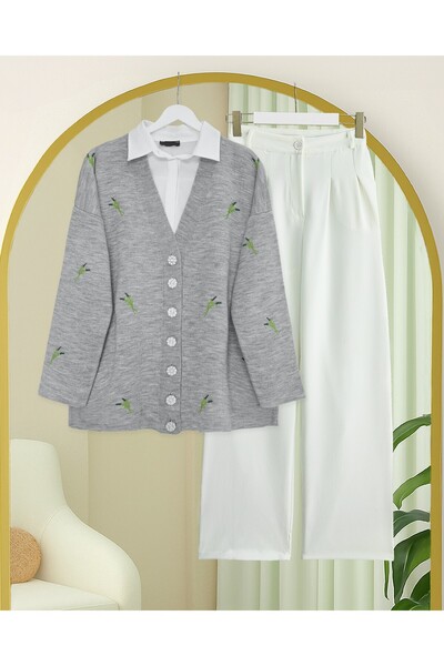 Modamorfo Stoned Buttoned Branch Patterned Knitwear Cardigan -Gray