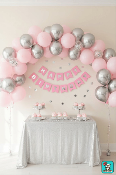 Bunloon Pink Silver Happy Birthday Gilded Banner - Birthday Party Lettering