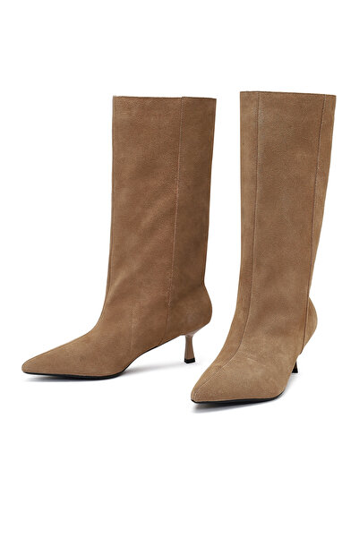 Derimod Women's Beige Thin Heeled Suede Leather Boots 25Afd490510