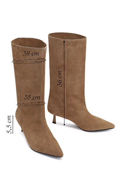 Derimod Women's Beige Thin Heeled Suede Leather Boots 25Afd490510