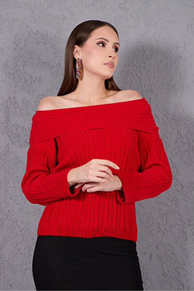 Moda Days Women's Red Chenille Velvet Carmen Collar Knitwear Sweater
