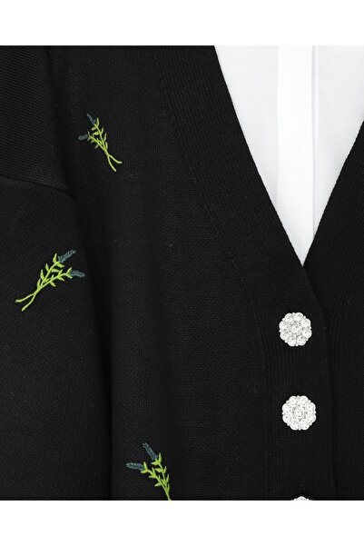 Modamorfo Stone Buttoned Branch Patterned Knitwear Cardigan -Black