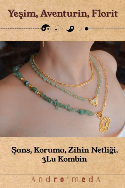 Andromeda Florit, Aventurin ve Yeşim Doğal Taş 3’lü Kombin Kadin Kolye | El Y...
