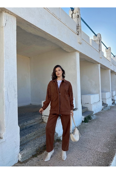 MİA NOURA ЖІНОЧИЙ ПЕРЕД І РУКАВИ З ВИШИВКОЮ БІСЕРОМ, ТКАНИНА СУВЕТ, БАНБІР, КУРТКА, ШТАНИ, КОМПЛЕКТ