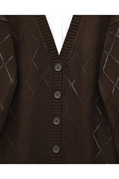 Modamorfo Lace-Like Knit Diamond Patterned Knitwear Cardigan - Brown