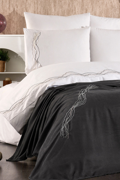 Serebien Home Collection Marbelle 100% Cotton Marble Pattern Embroidered, Pique Bedspread Covered 7-Piece Double Duvet Cover Set