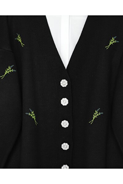 Modamorfo Stone Buttoned Branch Patterned Knitwear Cardigan -Black