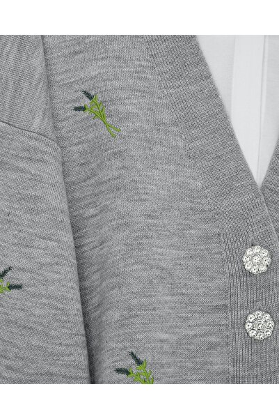 Modamorfo Stoned Buttoned Branch Patterned Knitwear Cardigan -Gray