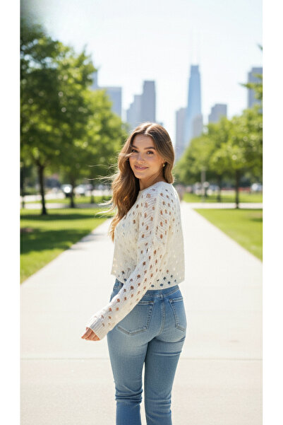 HepsitrentStore Crew Neck Long Sleeve Lace-Like Knit Pattern Knitwear Sweater