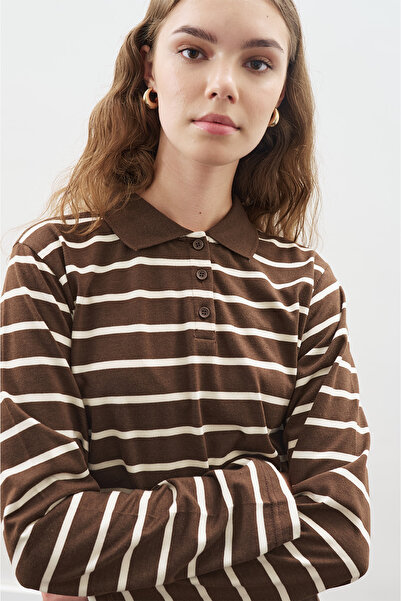 Manuka Polo Neck Striped T-Shirt Brown