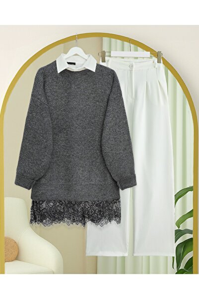 Modamorfo Pulover din tricot cu detaliu din dantelă - afumat