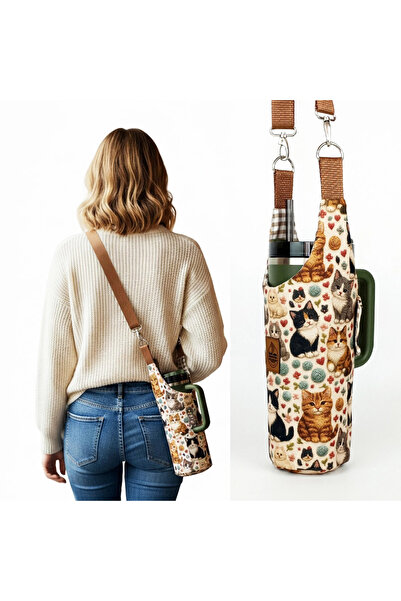 woodycord حافظة ترمس مصنوعة يدويًا بنمط قطة ثلاثي الأبعاد مع مقبض وقشة طراز كوينتشر 1.18