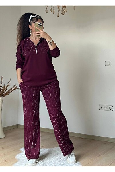 AZRA BUTİK Capusonlu Stone Set Burgundy