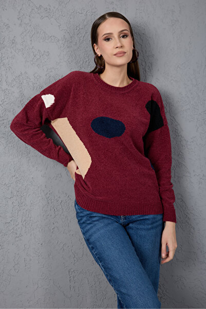 Moda Days Women's Burgundy Chenille Velvet Color Block Crew Neck Knitwear Sweater