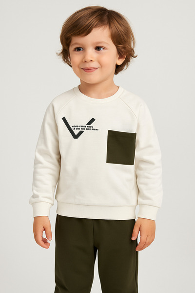 Selvira White Sweatshirt and Khaki Green Tracksuit Set |   Long Sleeve Childr...