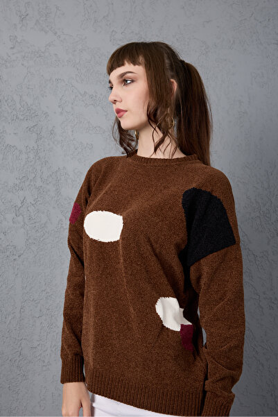 Moda Days Women's Bitter Brown Chenille Velvet Color Block Crew Neck Knitwear Sweater