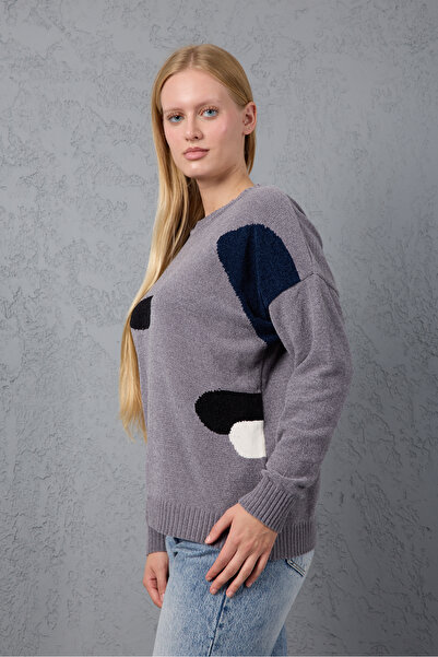 Moda Days Women's Gray Chenille Velvet Color Block Crew Neck Knitwear Sweater