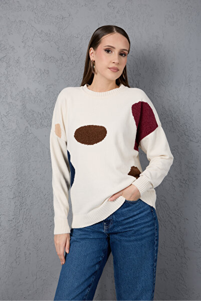 Moda Days Women's White Chenille Velvet Color Block Crew Neck Knitwear Sweater