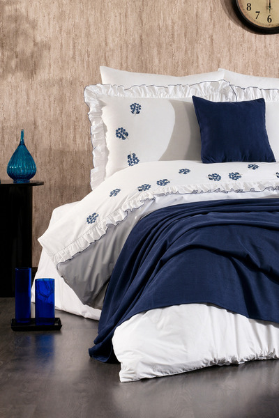 Serebien Home Collection Belora 100% Cotton Bud Flower Embroidered, Ruffled, Piqued 9 Piece Double Duvet Cover Set
