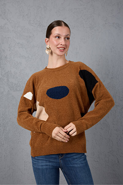 Moda Days Women's Tan Chenille Velvet Color Block Crew Neck Knitwear Sweater