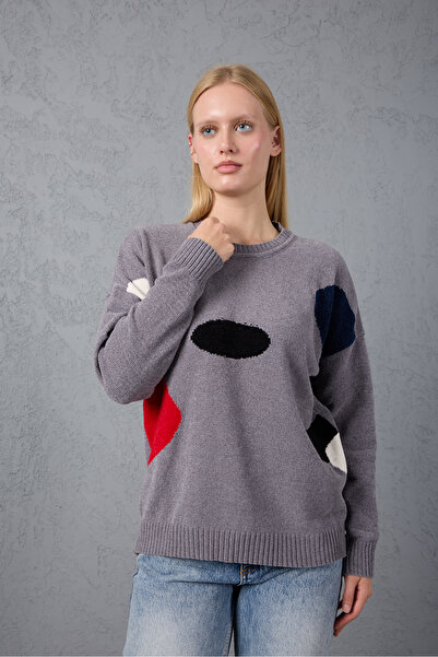 Moda Days Women's Gray Chenille Velvet Color Block Crew Neck Knitwear Sweater