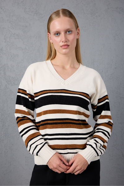 Moda Days Striped V-Neck Chenille Velvet Knitwear Sweater