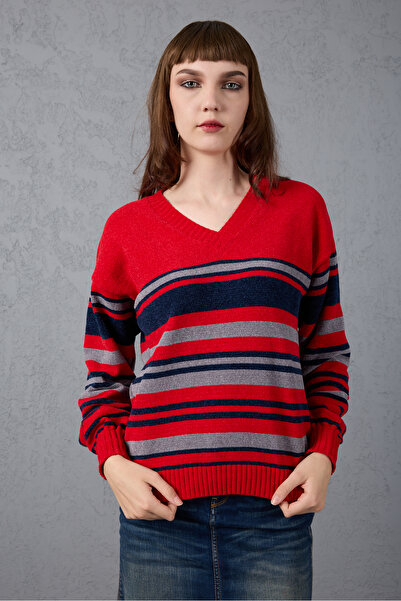Moda Days Striped V-Neck Chenille Velvet Knitwear Sweater