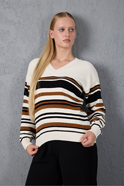 Moda Days Striped V-Neck Chenille Velvet Knitwear Sweater