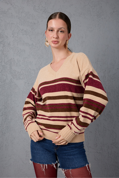 Moda Days Striped V-Neck Chenille Velvet Knitwear Sweater